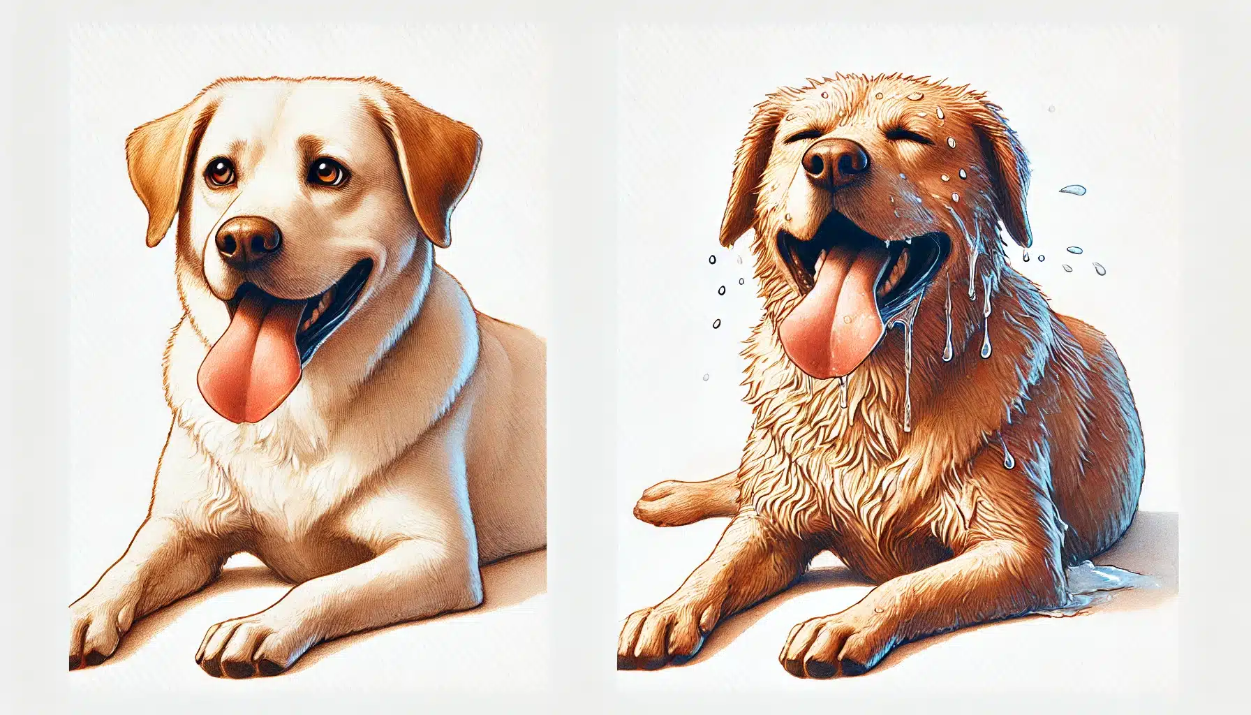 Vergleich zwischen normalem und starkem Hecheln bei Hunden in einer Aquarellillustration