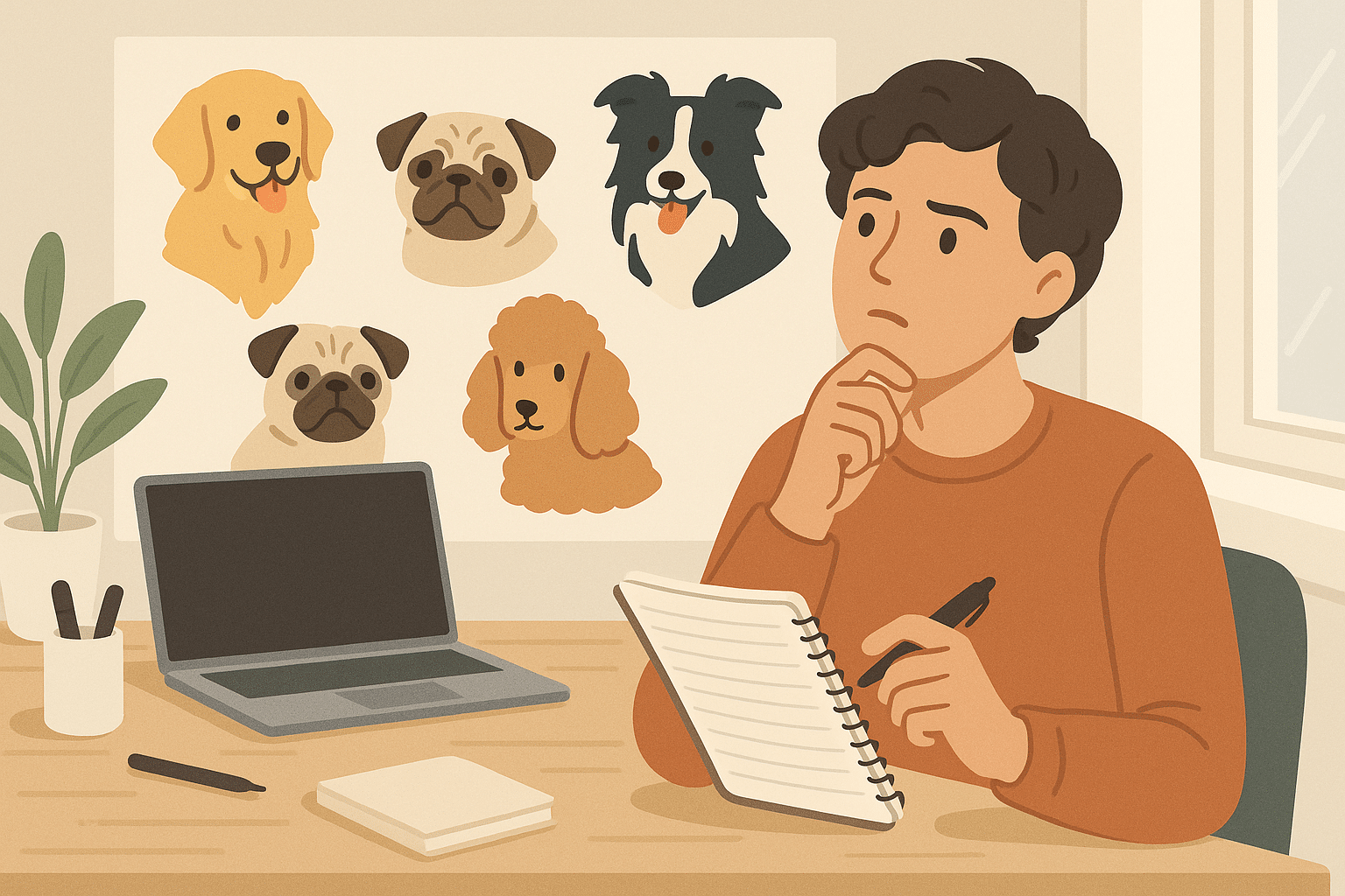 Illustration zur Entscheidungshilfe bei der Hundewahl – verschiedene Hunderassen und eine Person beim Nachdenken über den passenden Hund für den eigenen Alltag